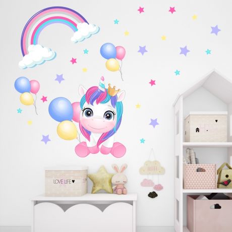 Unicorn rainbow wall decal stickers fantasy girls bedroom wall art cute nursery | Huetion
