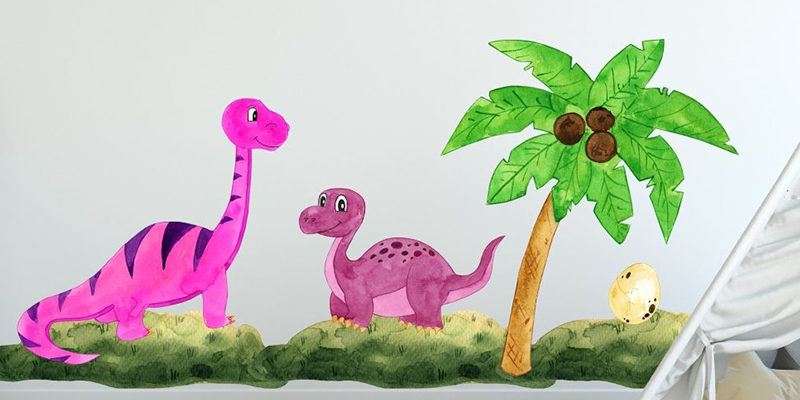Bright dinosaur wall decal with two pink dinosaurs, a palm tree, and an egg, perfect for decorating kids' rooms.