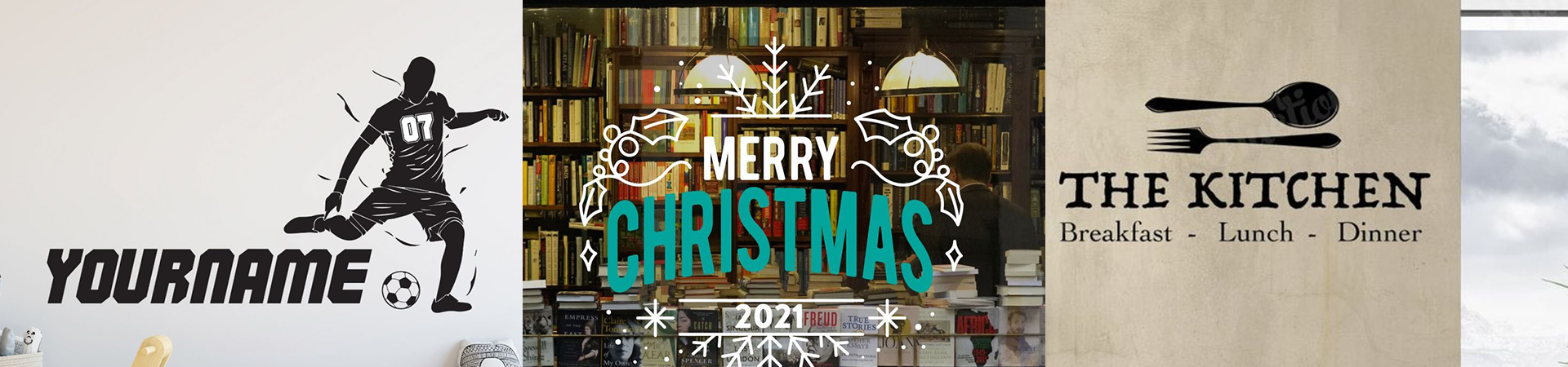 Set of wall decals featuring a soccer player, "Merry Christmas," and "The Kitchen" sign, ideal for various room themes.