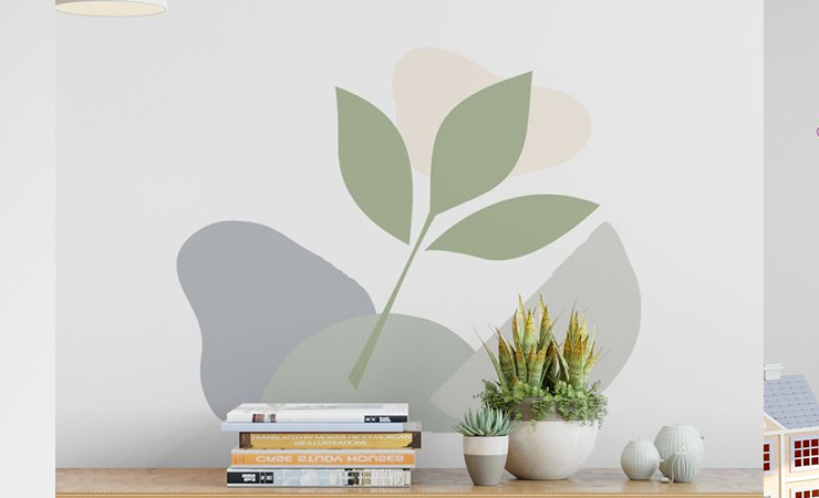 Set of wall decals featuring abstract moon and stars, minimalist plant, and vibrant butterflies, ideal for various room decor styles.