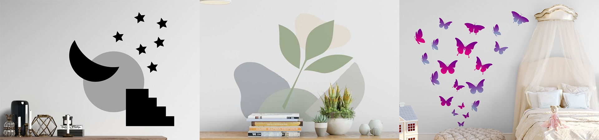 Set of wall decals featuring abstract moon and stars, minimalist plant, and vibrant butterflies, ideal for various room decor styles.