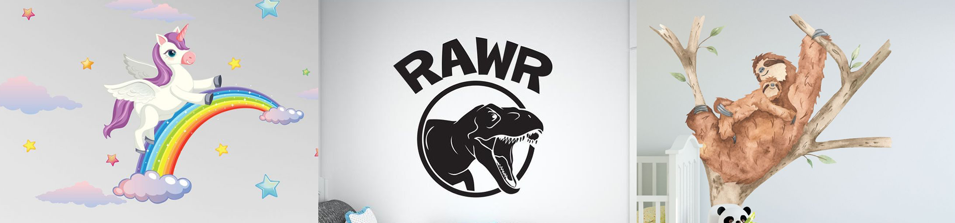 Kids room wall decals with a rainbow unicorn, roaring panther, and sloth in a tree. Perfect for creating a fun, imaginative space.