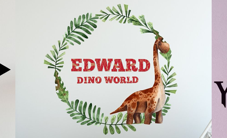 Set of three custom wall decals: arrow, dinosaur wreath, and gaming zone, ideal for applying wall decals in various rooms.