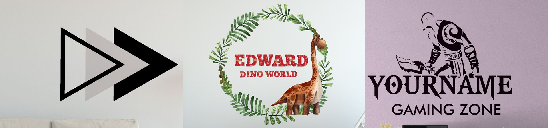 Set of three custom wall decals: arrow, dinosaur wreath, and gaming zone, ideal for applying wall decals in various rooms.