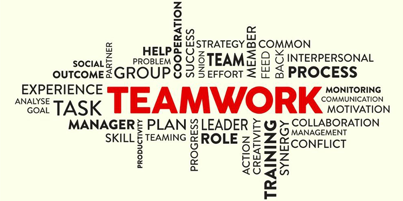 Office wall decal featuring "Teamwork" in bold red, surrounded by related terms like strategy, leadership, and success.