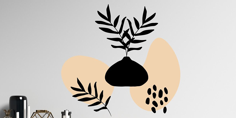 Modern abstract wall decals featuring black botanical elements with beige organic shapes, ideal for stylish decor.