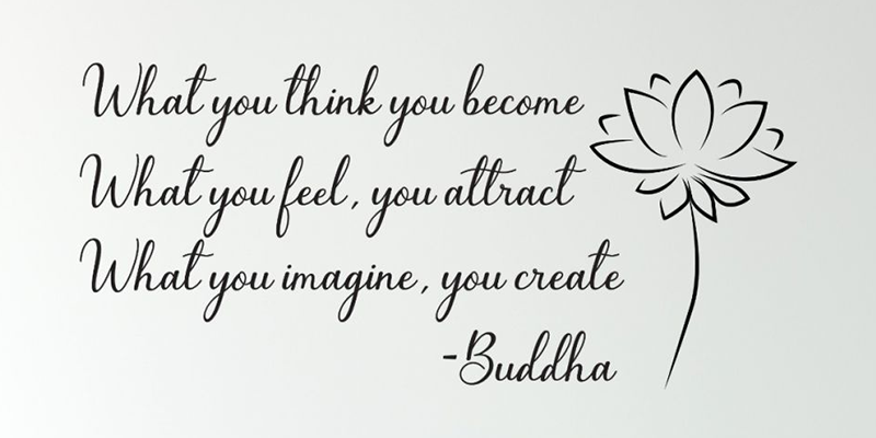Wall decal with the Buddha quote "What you think you become" in elegant script, featuring a lotus flower illustration.