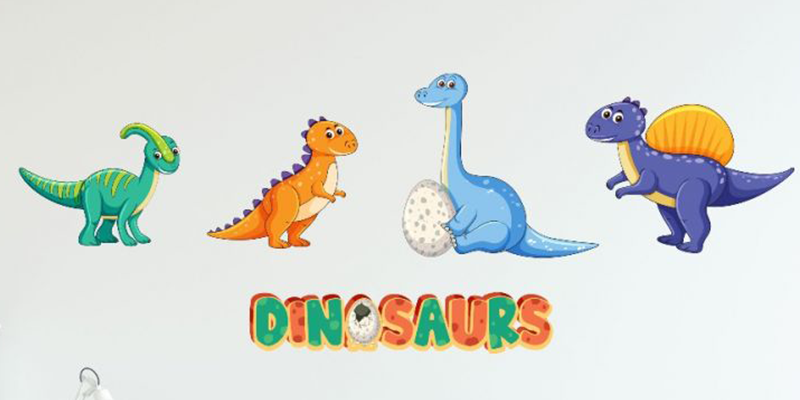 Wall decals for kids featuring four playful dinosaurs and the word "Dinosaurs" in colorful letters, ideal for kids' rooms.