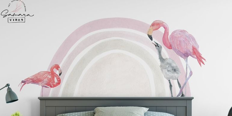 Best wall decal featuring two flamingos and a soft rainbow, adding a tropical and calming vibe to bedroom decor.