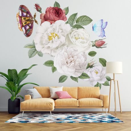 Peonies floral wall sticker floral white roses vinyl wall stickers roses decal for home decor | Huetion