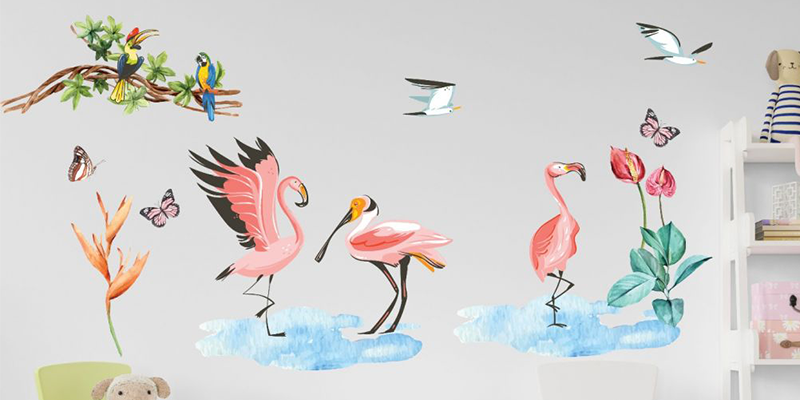 Birds wall stickers featuring pink flamingos, parrots, and tropical plants in a playful, nature-themed scene for kids' rooms.