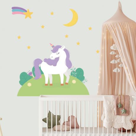 Unicorn wall sticker with shooting star wall decal stickers fantasy girls bedroom wall art cute nursery | Huetion
