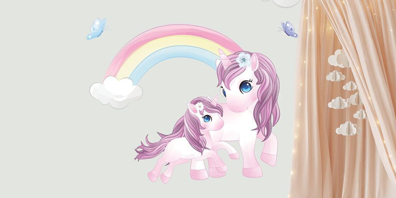 Unicorn wall sticker featuring a mother and baby unicorn with purple manes under a pastel rainbow, ideal for kids' room decor.