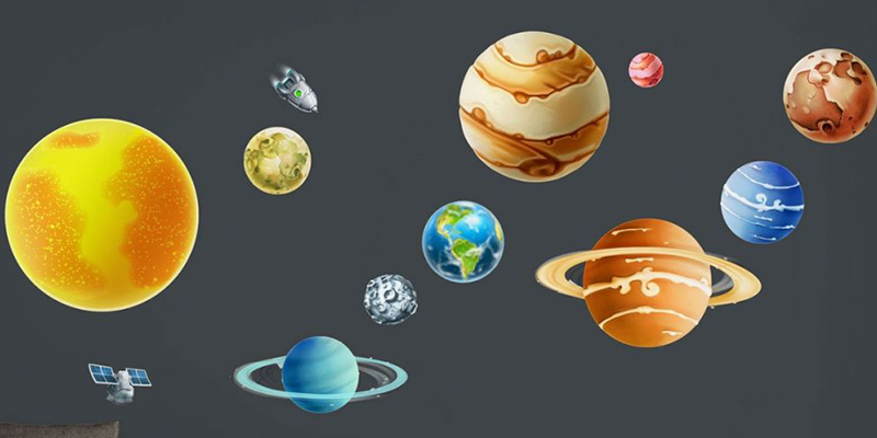 Space wall stickers featuring colorful planets, the Sun, a satellite, and a spaceship, representing the solar system on a dark background.