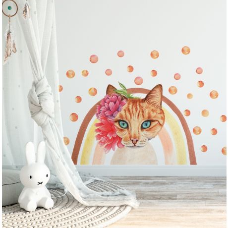 Boho cat wall stickers boho rainbow and cat watercolor decal for kids room | Huetion