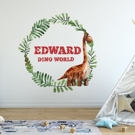 Custom name dinosaur wreath wall decal for kids room jurassic park | Huetion