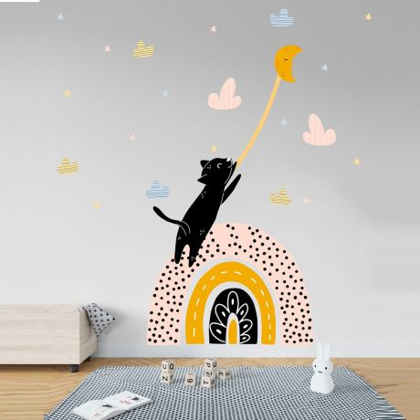 Multicolour cat rainbow wall decal pattern hearts and stars for kids room wall stickers | Huetion