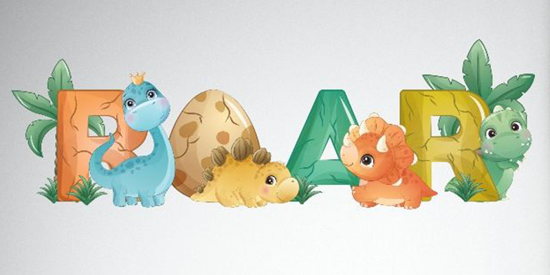 Adorable dinosaur wall decal featuring baby dinosaurs and large "ROAR" text, perfect for decorating children's rooms or play areas.