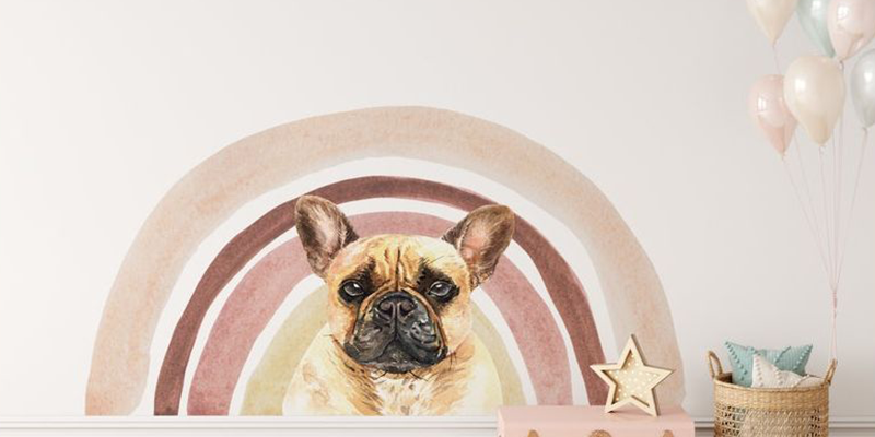 French bulldog wall sticker with a pastel rainbow backdrop, perfect for adding charm to children's rooms.