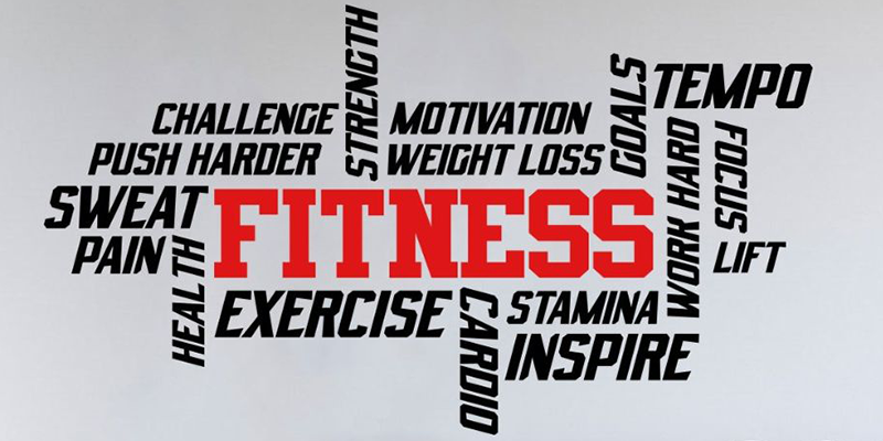 Motivational wall stickers quotes with bold fitness-related words like "Exercise," "Strength," and "Inspire" on a white background.