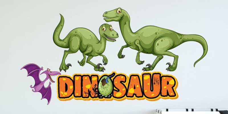 Playful dinosaur wall stickers featuring two green dinosaurs, a purple pterosaur, and a bold "Dinosaur" text for kids' rooms.