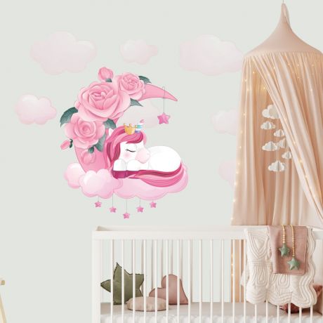 Unicorn sleeping in clouds wall decal stickers fantasy girls bedroom wall art cute nursery | Huetion