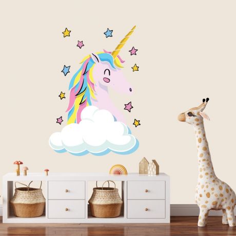 Unicorn wall sticker with cloud and stars wall decal stickers fantasy girls bedroom wall art cute nursery | Huetion