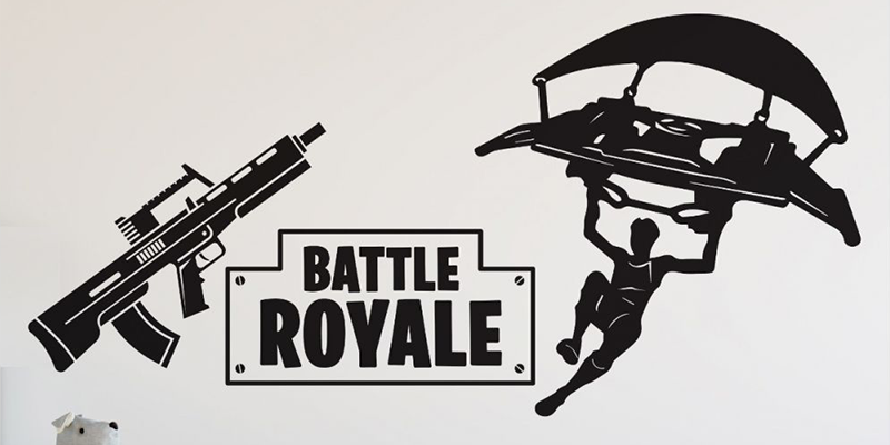 Black silhouette of a rifle, a parachuting figure, and "Battle Royale" text, featured in Fortnite wall stickers.