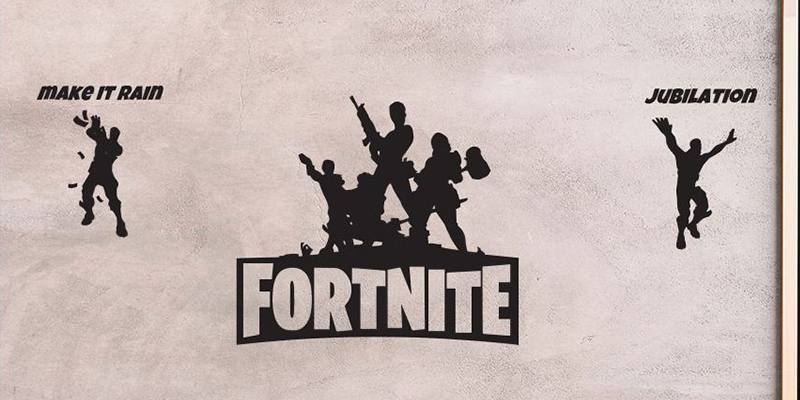 Fortnite wall stickers featuring black character silhouettes with "Make It Rain" and "Jubilation" dance poses on a light background.