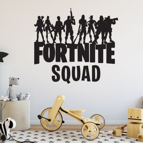 Fortnite wall stickers showing silhouettes of 8 characters standing above bold "Fortnite Squad" text in black.