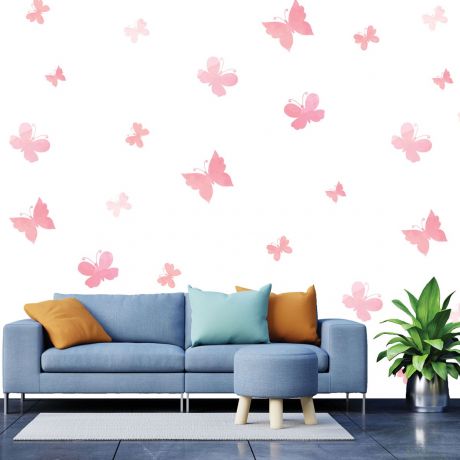 set of 20 pink butterfly wall stickers watercolour effect pattern for kids room wall stickers | Huetion