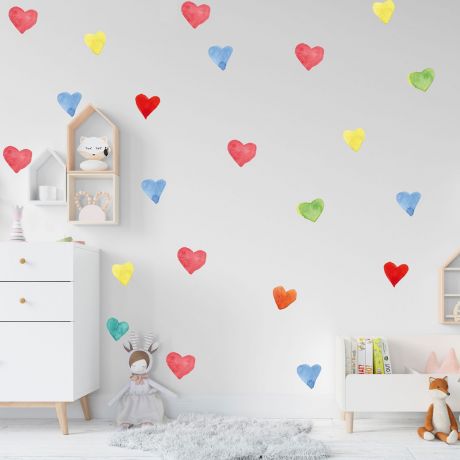 Boho Peel and Stick Wallpaper set of 20 rainbow colours heart wall decals watercolour effect pattern for kids room wall stickers | Huetion