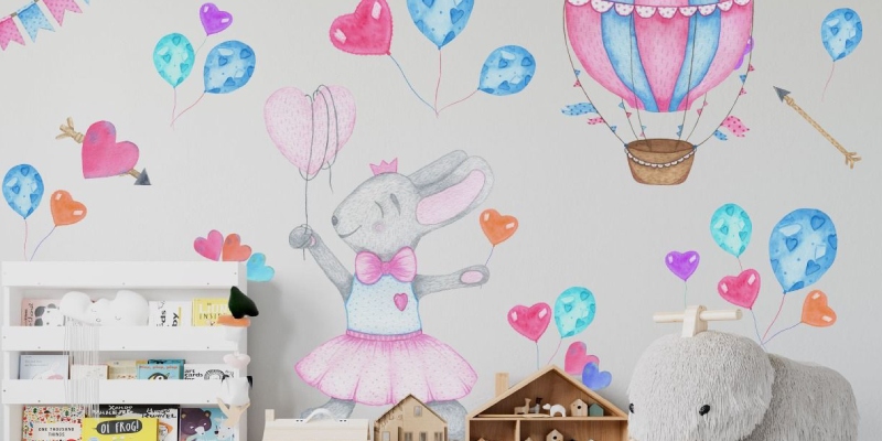 Nursery wall decor featuring a bunny with balloons, colorful hearts, and a hot air balloon. Inspired by whimsical Vincent Van Gogh paintings.