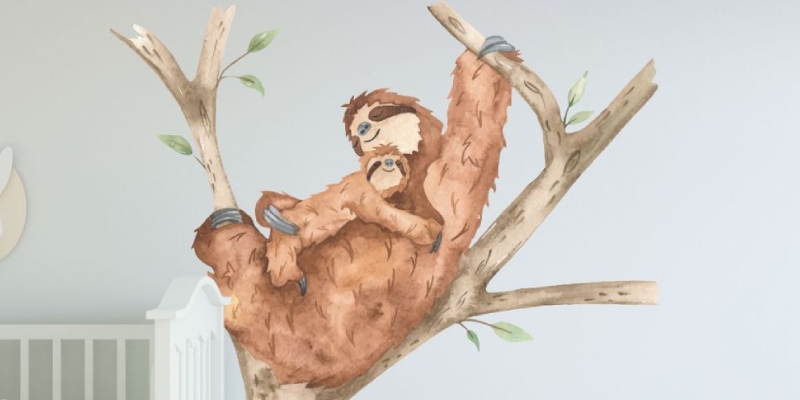 Nursery wall art featuring a relaxed sloth hanging from a tree branch, with natural tones inspired by Vincent Van Gogh paintings.