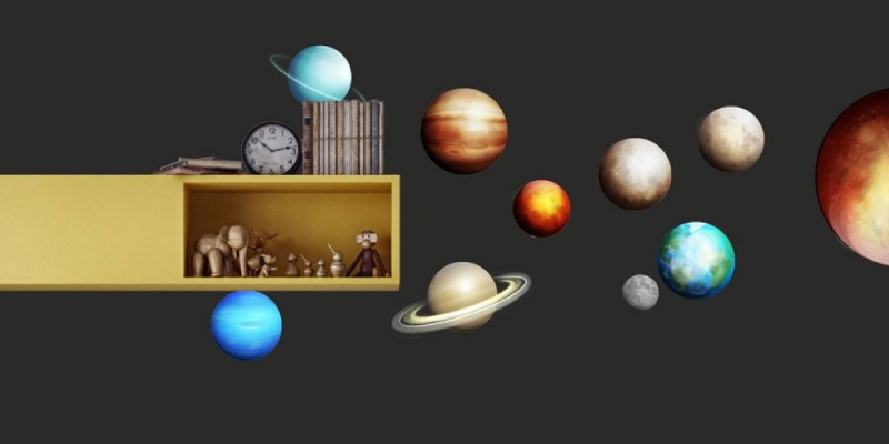 Space-themed wall art displaying planets in orbit alongside a floating shelf with books and decor, inspired by Vincent Van Gogh paintings.
