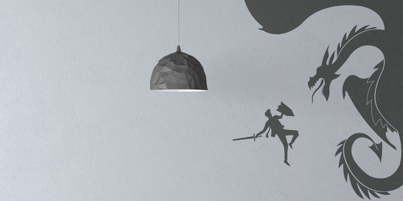 Minimalist wall design with a dragon and warrior silhouette alongside a modern hanging lamp, inspired by Leonardo Da Vinci painting elements.