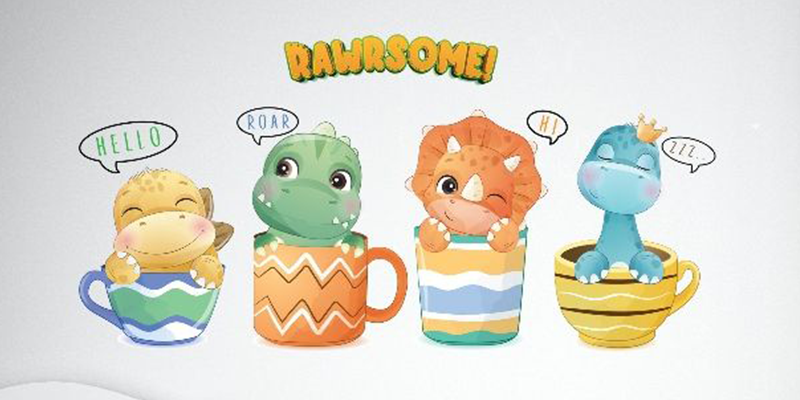 Nursery wall stickers featuring cute dinosaurs in colorful teacups with speech bubbles and the word "RAWRsome" above.