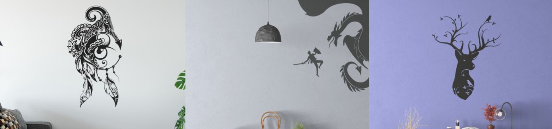Three artistic wall decals featuring intricate face designs and a deer silhouette, inspired by Leonardo Da Vinci's artistic style.