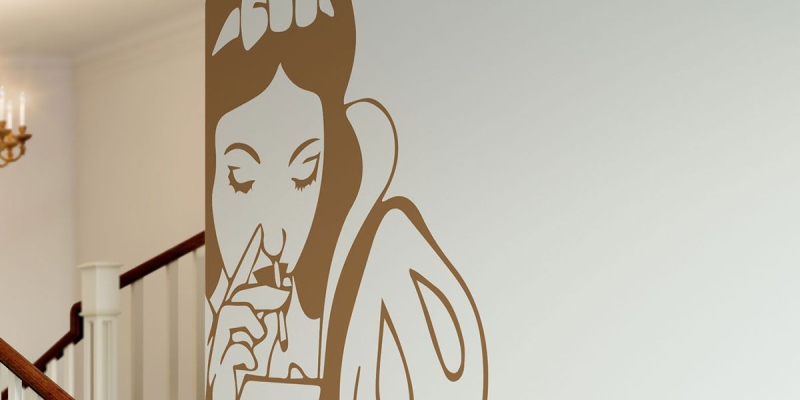 Wall art featuring a minimalist depiction of a woman drinking from a cup, inspired by Leonardo Da Vinci's painting style.
