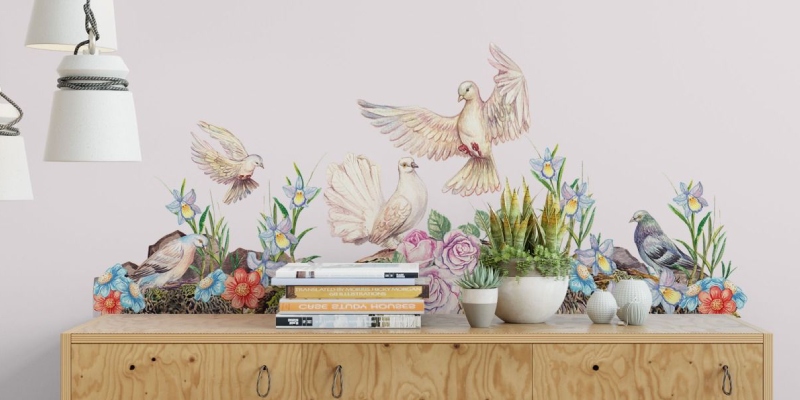 Floral Bedroom Headboard Wall Stickers, Birds Flowers Leaves Wall Decals Bedroom Decoration, Kids Room Headboard Decor, Home Decor, Nursery.