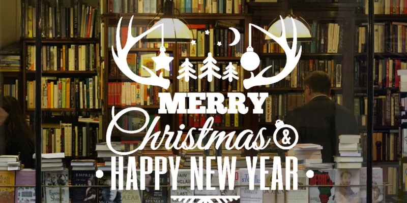 Christmas decoration with "Merry Christmas & Happy New Year" text, reindeer antlers, and trees, perfect for festive windows.