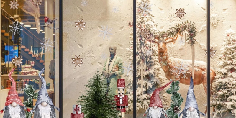 Christmas decorations featuring gnomes, reindeer, and snowflakes in a festive window display with trees and gifts.
