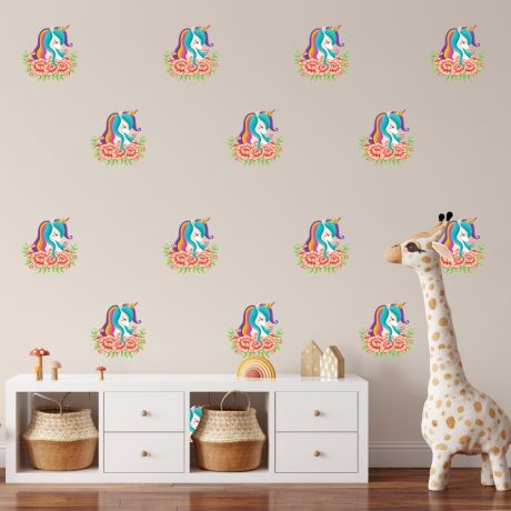 Floral unicorn wall sticker pattern wall decal stickers fantasy girls bedroom wall art cute nursery | Huetion