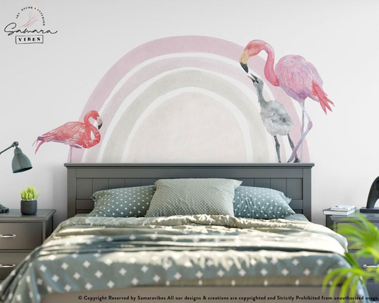 Best wall decal featuring two flamingos and a soft rainbow, adding a tropical and calming vibe to bedroom decor.
