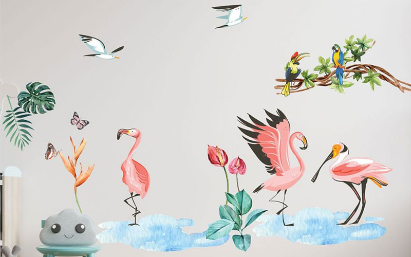 Birds wall stickers featuring pink flamingos, parrots, and tropical plants in a playful, nature-themed scene for kids' rooms.