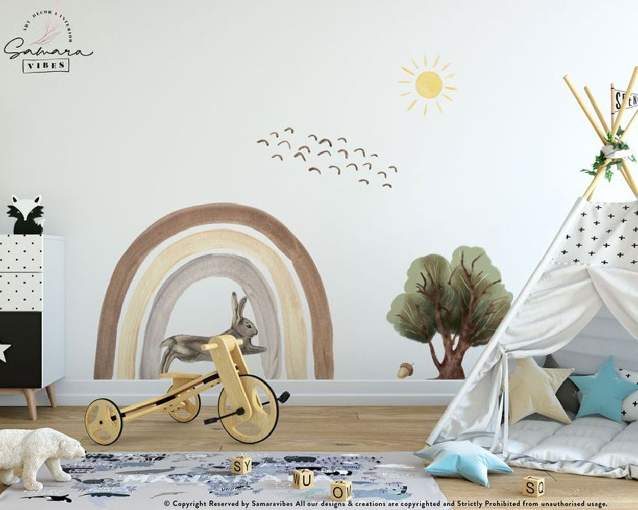Boho Rainbow Rabbit and Birds Wall Stickers | Huetion
