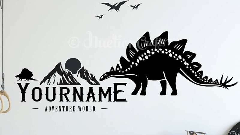 Dinosaur wall decal featuring a Stegosaurus, mountains, and customizable name text, perfect for creating a personalized adventure theme.