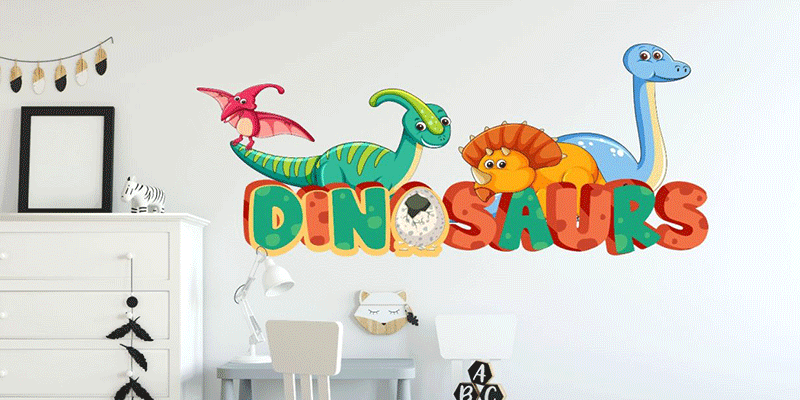 Dinosaur wall sticker featuring bright cartoon dinosaurs with bold "Dinosaurs" text, perfect for children's room decoration.