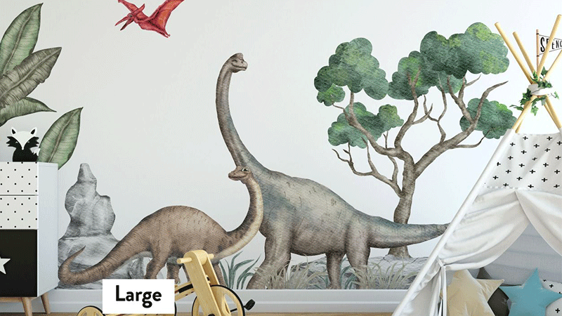 Large dinosaur wall stickers featuring a brachiosaurus and trees, perfect for decorating a child's room or playroom.