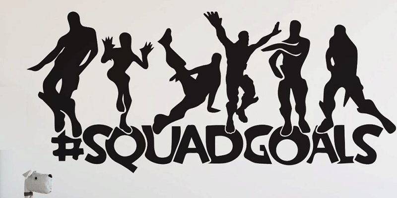 Fortnite wall stickers displaying six character silhouettes in action poses above bold "#SquadGoals" text in black.